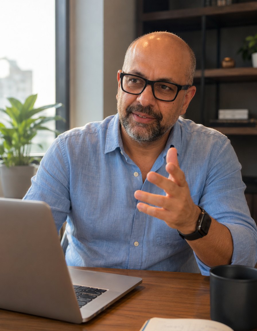 Alessandro Flores à mesa de trabalho, explicando algo com a mão enquanto conversa