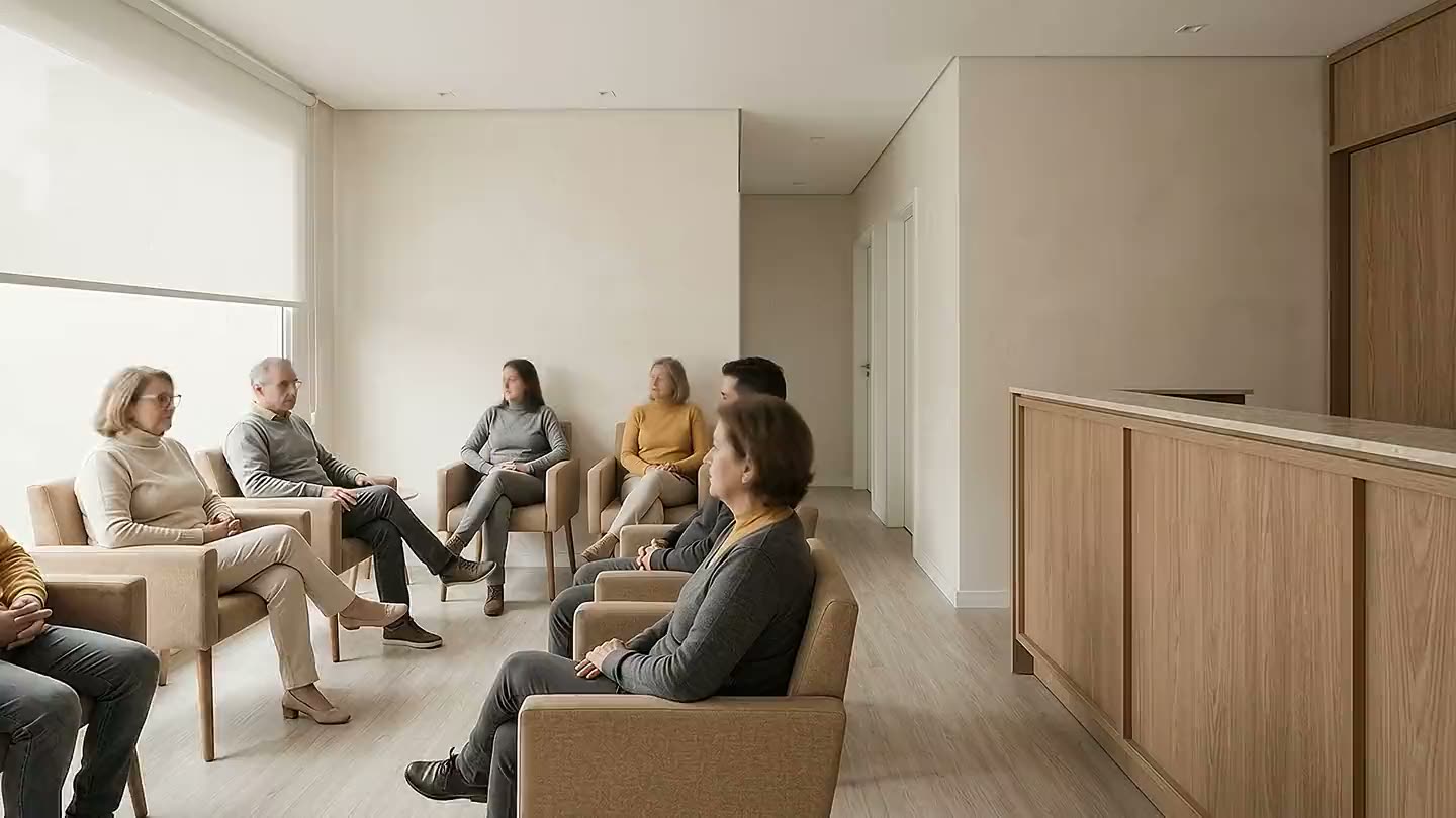 A mesma sala de espera, noutra semana, cheia